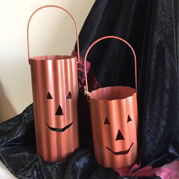 Halloween Other - set of 2 Jack OLantern Halloween pumpkin candle holder corrugated metal cylinder